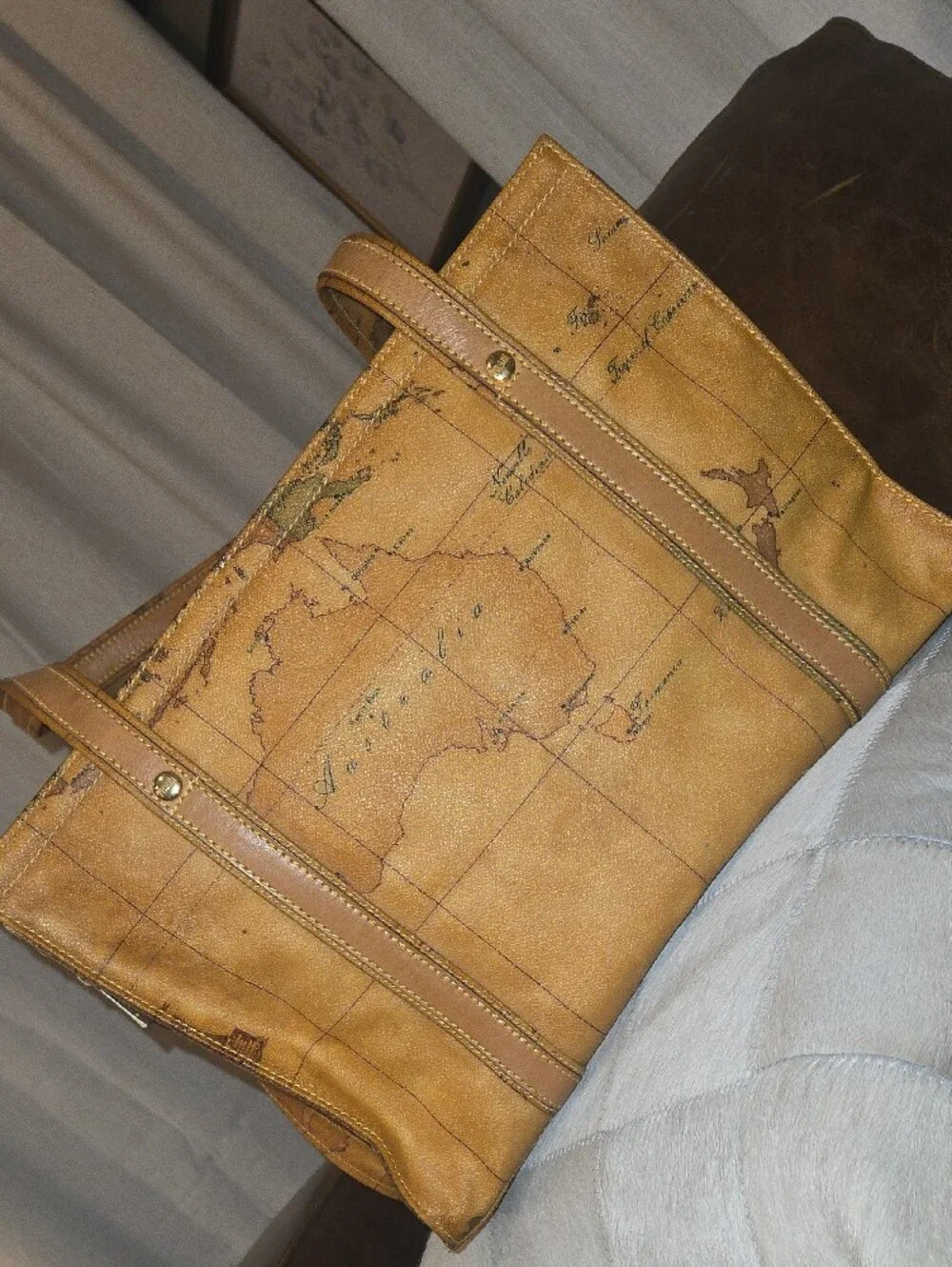 Alviero Martini Tan Map-Print Leather Tote Bag